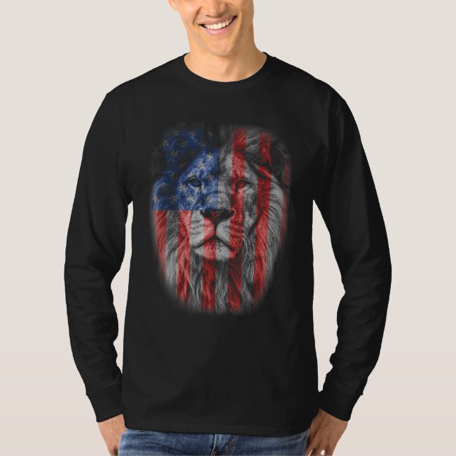 Lion Head Graphic American Patriotic Lion USA Flag T Shirt (Framsida)