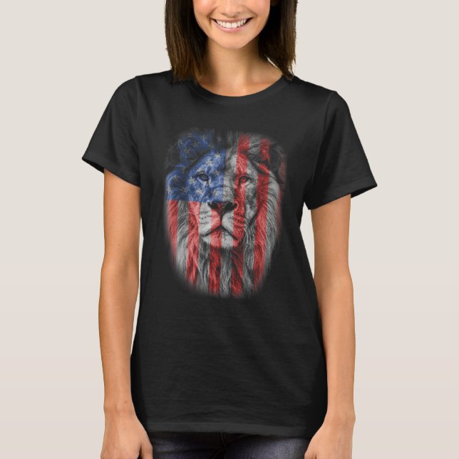 Lion Head Graphic American Patriotic Lion USA Flag T Shirt (Framsida)