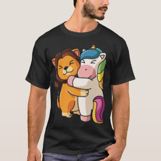 Lion hugging unicorn Hug Cuddle Animals retro T Shirt