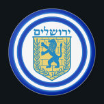 Lion of Judah Emblem Jerusalem Hebrew Magnet<br><div class="desc">Round magnet with an image of a blue and yellow Lion of Judah emblem and wide double blue borders trimmed in light blue on white. See the entire Hanukkah Magnet collection under the HOME category in the HOLIDAYS section.</div>