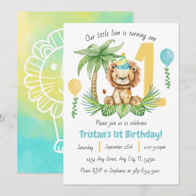 Lion Safari 1st Birthday Invitation Inbjudningar (Fram/baksida)
