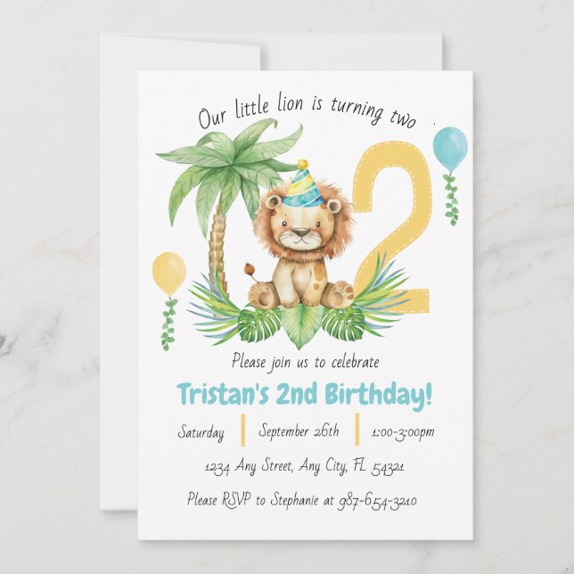 Lion Safari 2nd Birthday Invitation Inbjudningar (Framsida)