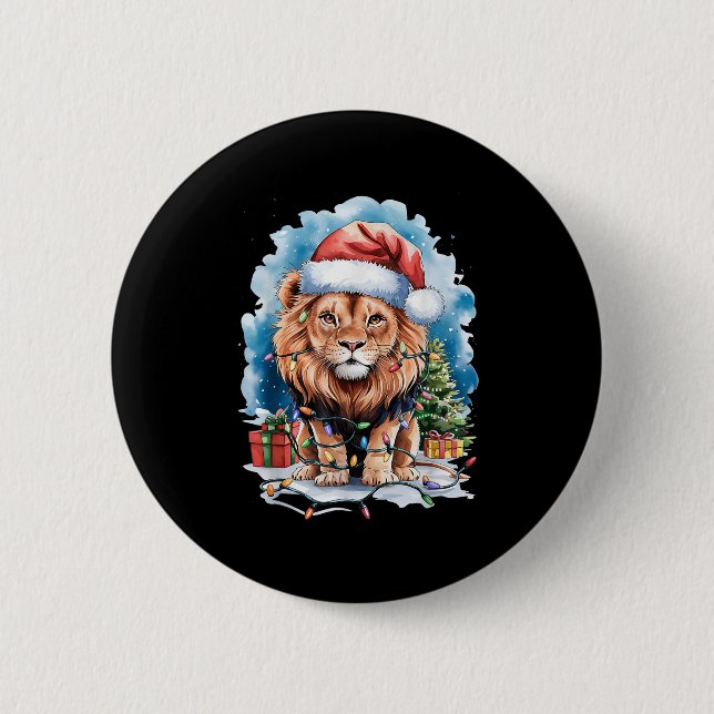 Lion Santa Hat Christmas Lights Watercolor Winter  Knapp (Framsida)