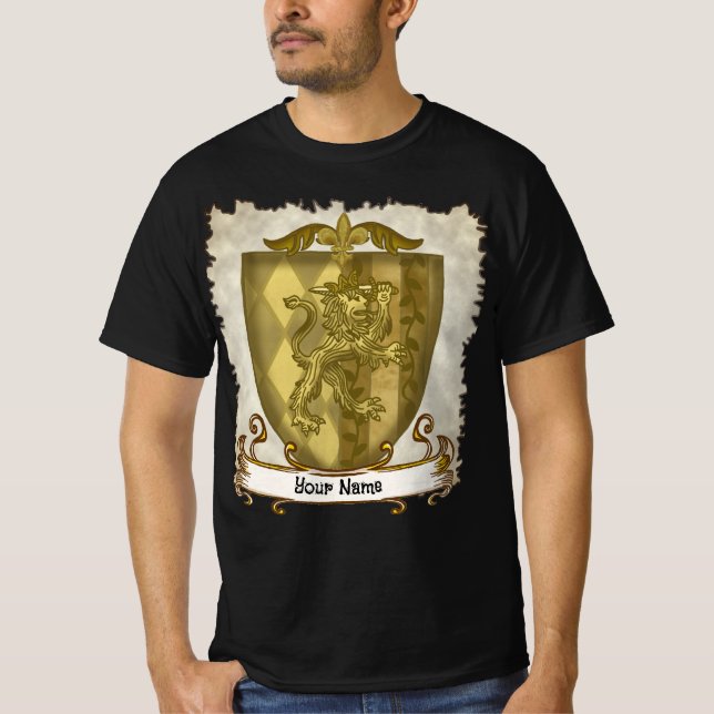 Lion Shield Family Crest Surname T Shirt (Framsida)