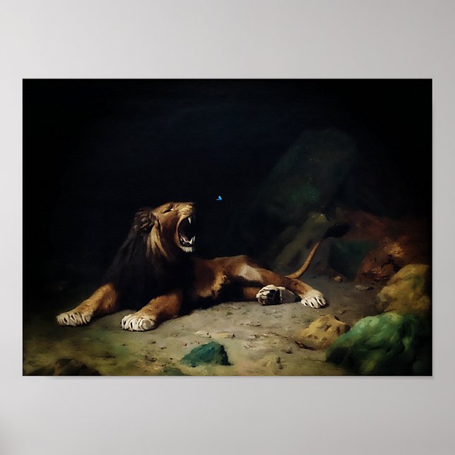 Lion Snapping at a Butterfly Poster (Framsidan)