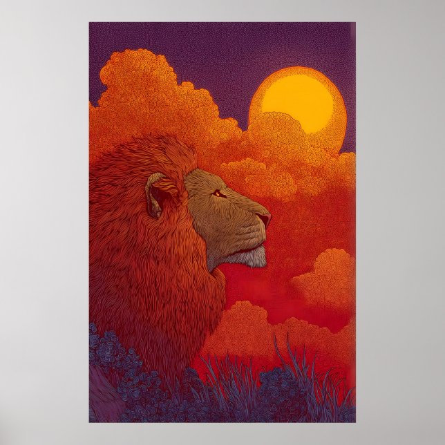 Lion Sunset Wall Art Fiery Mane, Circular Sun Poster (Framsidan)
