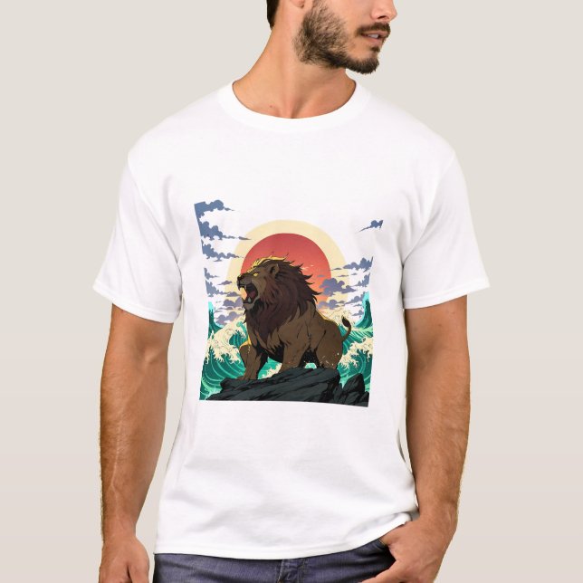 Lion Wave Art - Ukiyo-e Sunset Design T Shirt (Framsida)