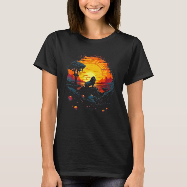 Lion With Sunset Retro Landscape Graphic T Shirt (Framsida)