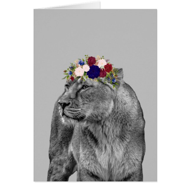 Lioness Lejon Animal Girl Flower Krona Black White Hälsningskort (Framsidan)
