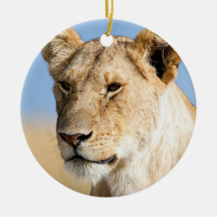 Lioness mot blå himmel julgransprydnad keramik