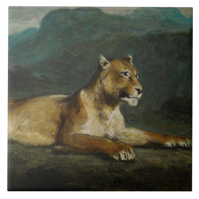 Lioness som reclining, c.1855 (olja på panel) kakelplatta (Framsidan)