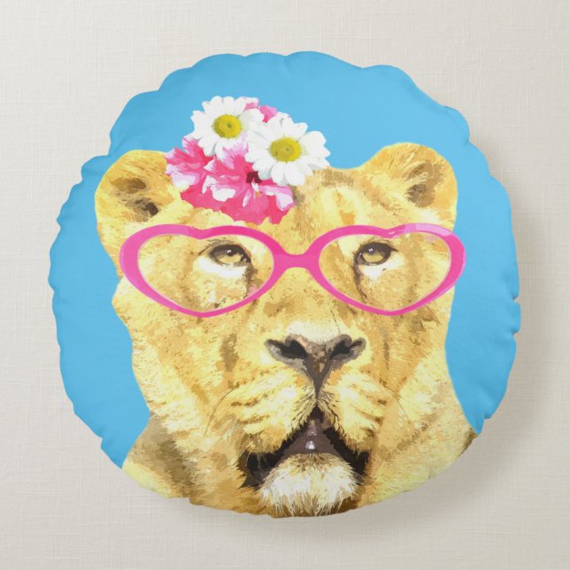 Lioness söta, roliga djungelns barndaghem rund kudde (Framsidan)