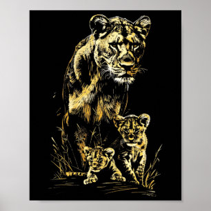 Lioness Unge Hunting Team Lejon Wildlife Sketch Poster