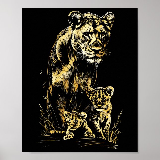 Lioness Unge Hunting Team Lejon Wildlife Sketch Poster (Framsidan)