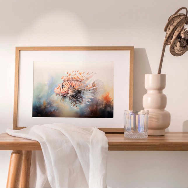 Lionfish Elegance: Watercolor of Ocean's Jewel Poster (Watercolor print featuring a lionfish gracefully gliding through the underwater world.)