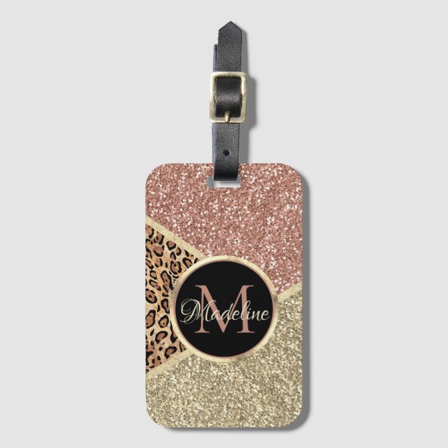 Liopard Monogram Namn, strimlad Ro-Guld-Glitter Bagagebricka (Framsida vertikal)