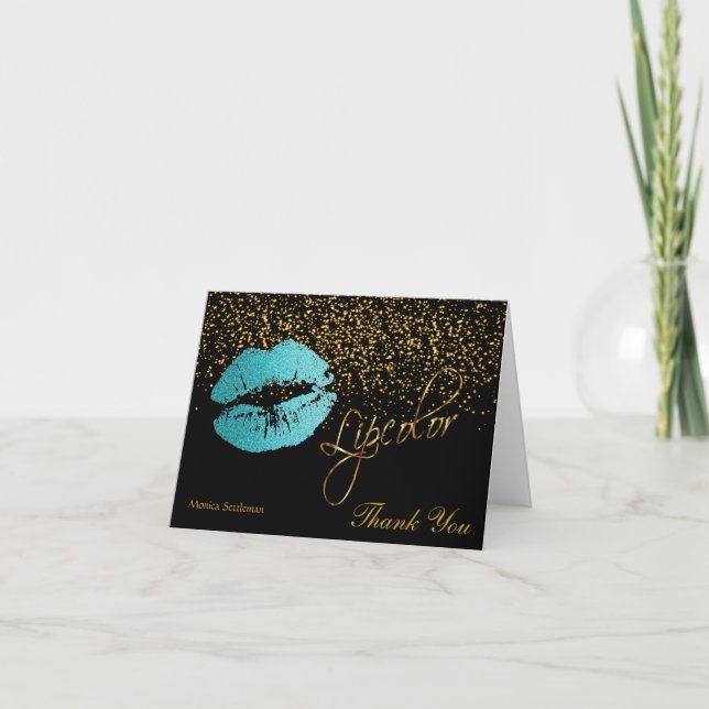 Lip Färg Teal Glitter Läppar på Black Tack Kort (Framsida)