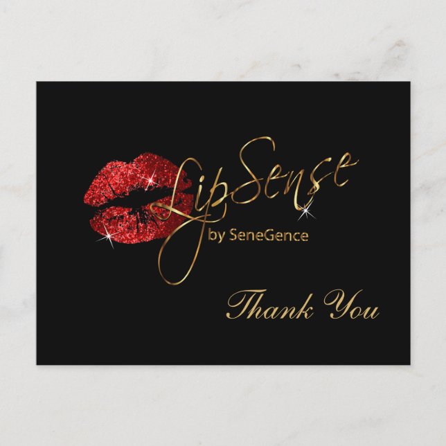 Lipsense Röda Glittriga Läppar på Svart Vykort (Framsida)