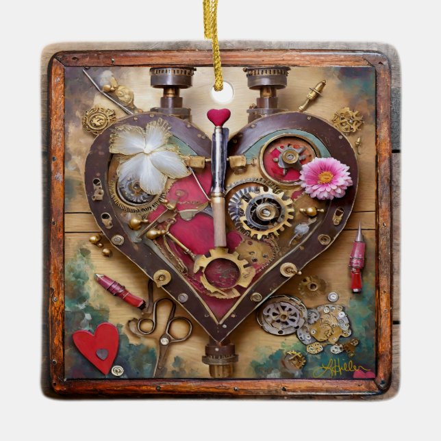 Lipstick Flowers Heart Steampunk Series Julgransprydnad Keramik (Framsida)