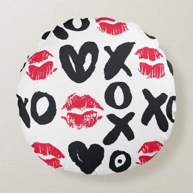 Lipstick Kisses Hearts Seamless Background Rund Kudde (Framsidan)