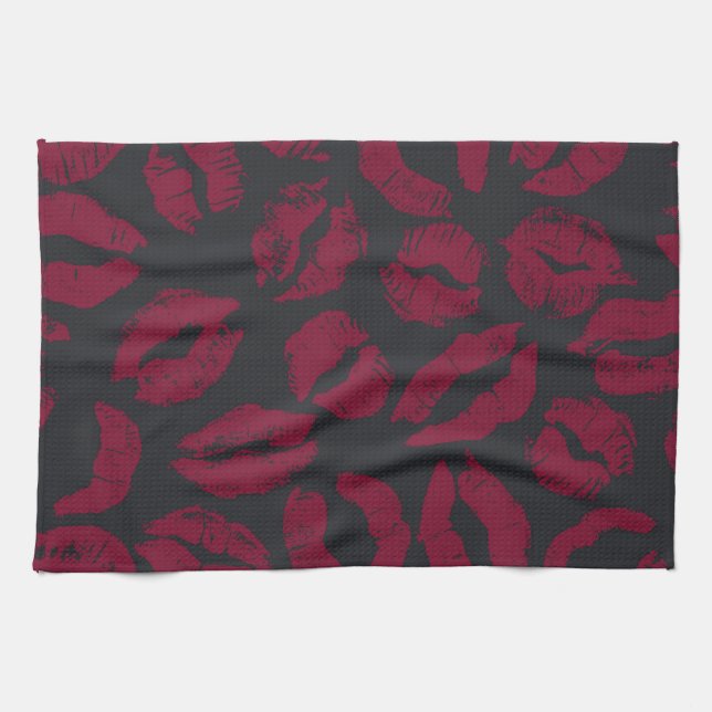 Lipstick Kisses: Mörk Red Imprint Kökshandduk (Horisontell)