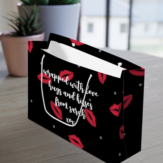 Lipstick Kisses Valentine Day Gift Bag (Add your message to this black and red lipstick kisses pattern gift bag and check out the collection)