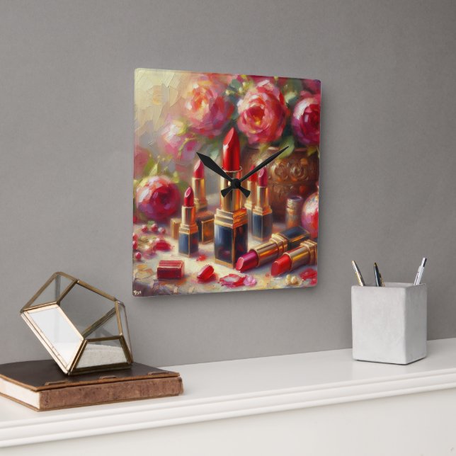 Lipstick och blommor Impressionistisk målning Fyrkantig Klocka (Kontor)