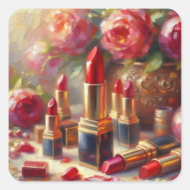 Lipstick och blommor Impressionistisk målning Fyrkantigt Klistermärke