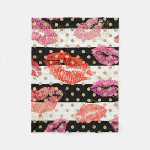 Lipstick Stains Läppar Kisses med Rand Guld Dots Fleecefilt