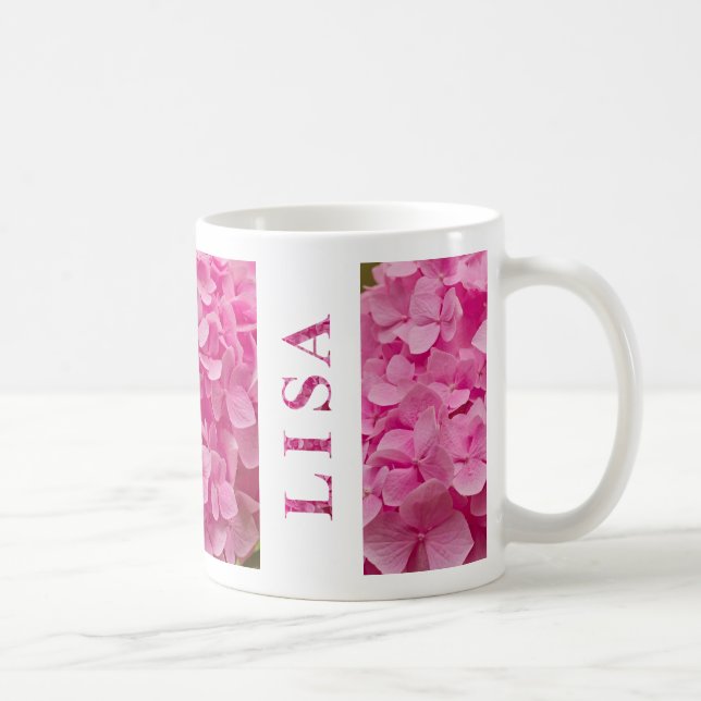 ’Lisa’ Namn Vår Rosa Hydrangea Blommigt Lettering Kaffemugg (Höger)