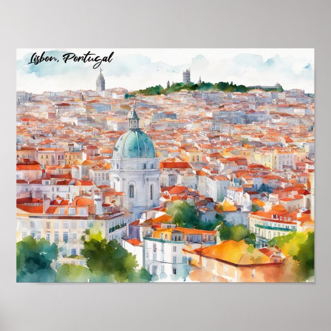 Lisbon Portgual Watercolor Panorama View City Poster (Framsidan)