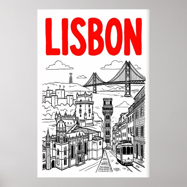 Lisbon Stadsscenariotryck - Minimalistisk svart oc Poster (Framsidan)