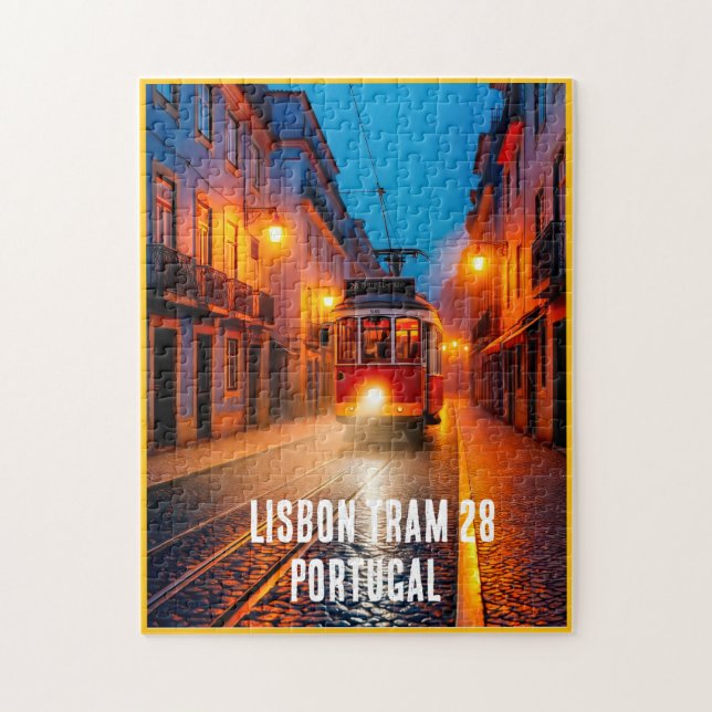 Lisbon Tram 28 Puzzle – Portugal Night Street Art  Pussel (Vertikal)