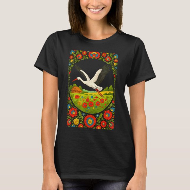 Lish Stork Folk Art Lska Countryside Design  T Shirt (Framsida)