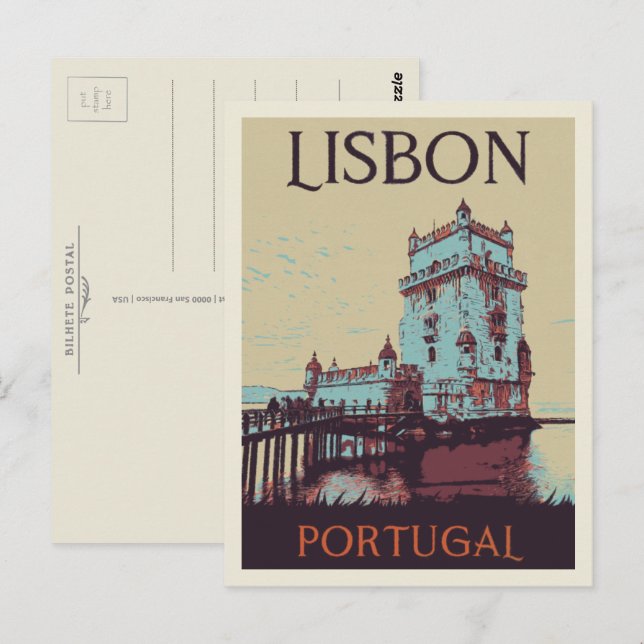Lissabon Belem-tornet illustration Portugal Vykort (Fram/baksida)