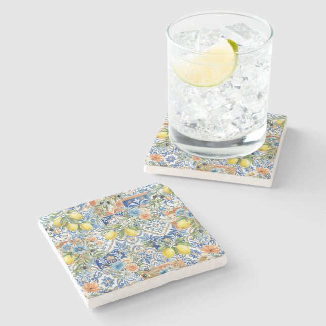 Lissabon Blå Citron Kakel Citrus Kök Dekoration Stenunderlägg (Sidan)