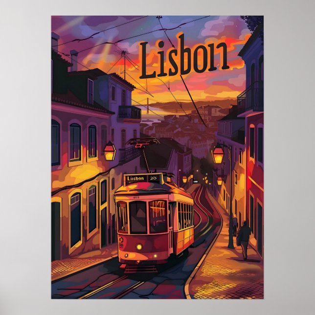 Lissabon Ljus: Sunset, Nightfall och Tram Trails Poster (Framsidan)