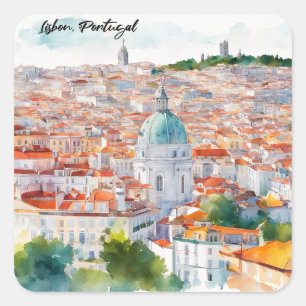 Lissabon Portugal Akvarell Panorama Utsikt Stad Fyrkantigt Klistermärke