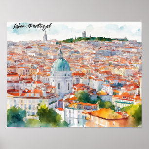 Lissabon Portugal Akvarell Panorama Utsikt Stad Poster