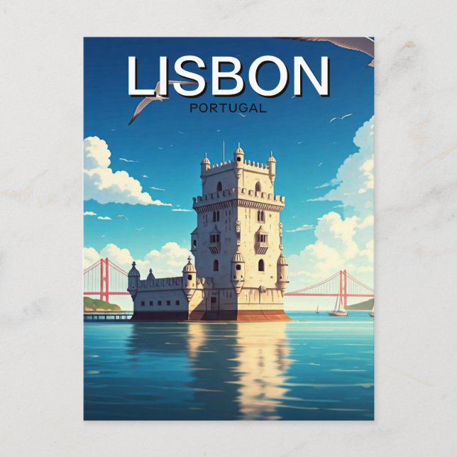 Lissabon Portugal Anime Stil Belem Torn Travel Vykort (Framsida)
