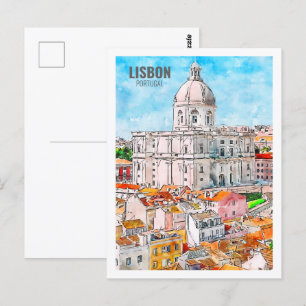 Lissabon Portugal Berömd Travel Watercolor Sketch Vykort