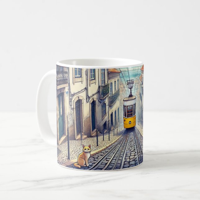 Lissabon Portugal Bica Funicular with Cat Kaffemugg (Framsida vänster)