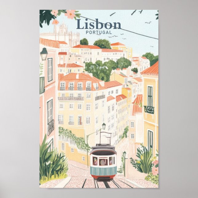Lissabon Portugal Gouache Paint Illustration Trave Poster (Framsidan)