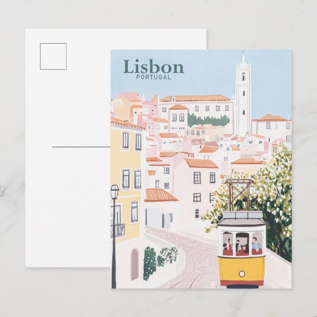Lissabon Portugal Gouache Paint Illustration Trave Vykort (Fram/baksida)