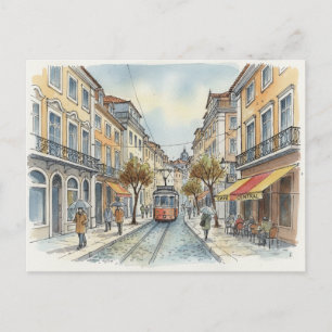 Lissabon Portugal Gul spårvagn på gata Resa Vykort