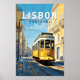 Lissabon Portugal Gul Spårvagn Resa Konst Vintage Poster