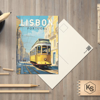 Lissabon Portugal Gul Spårvagn Resa Konst Vintage Vykort
