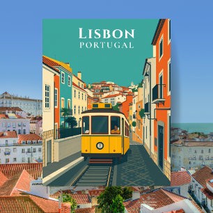 Lissabon Portugal Gul Spårvagn Vintage Resa Vykort