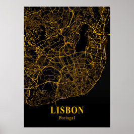 Lissabon - Portugal Guld City Karta Poster
