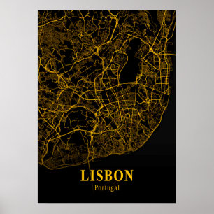 Lissabon - Portugal Guld City Karta Poster